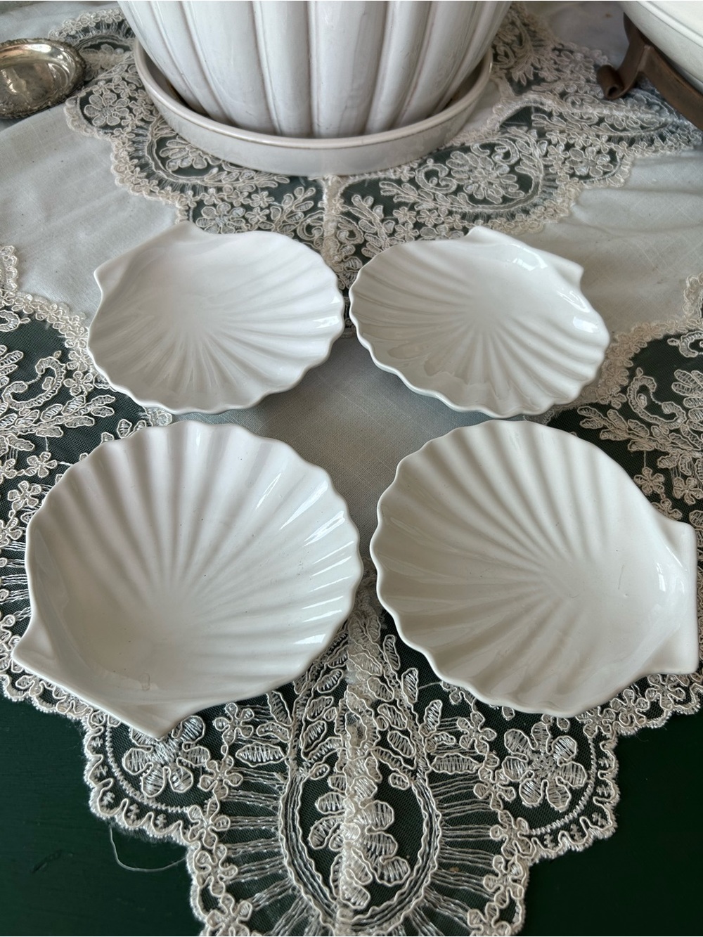 Vintage White Shell-Shaped Ceramic Serving Dishes - Set of 4
